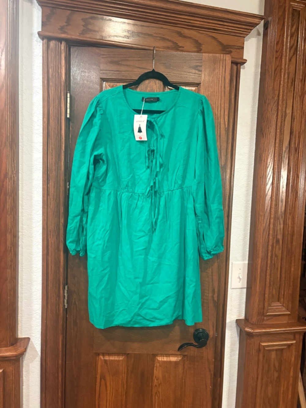 ZESICA $58 NWT Self Tie-Front Babydoll A-Line Dress Emerald L sold out! - Picture 2 of 10